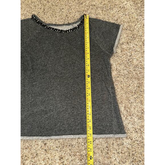 LOFT Gray French Terry Short Sleeve Top Small Beaded Embellished Neckline - Picture 4 of 8